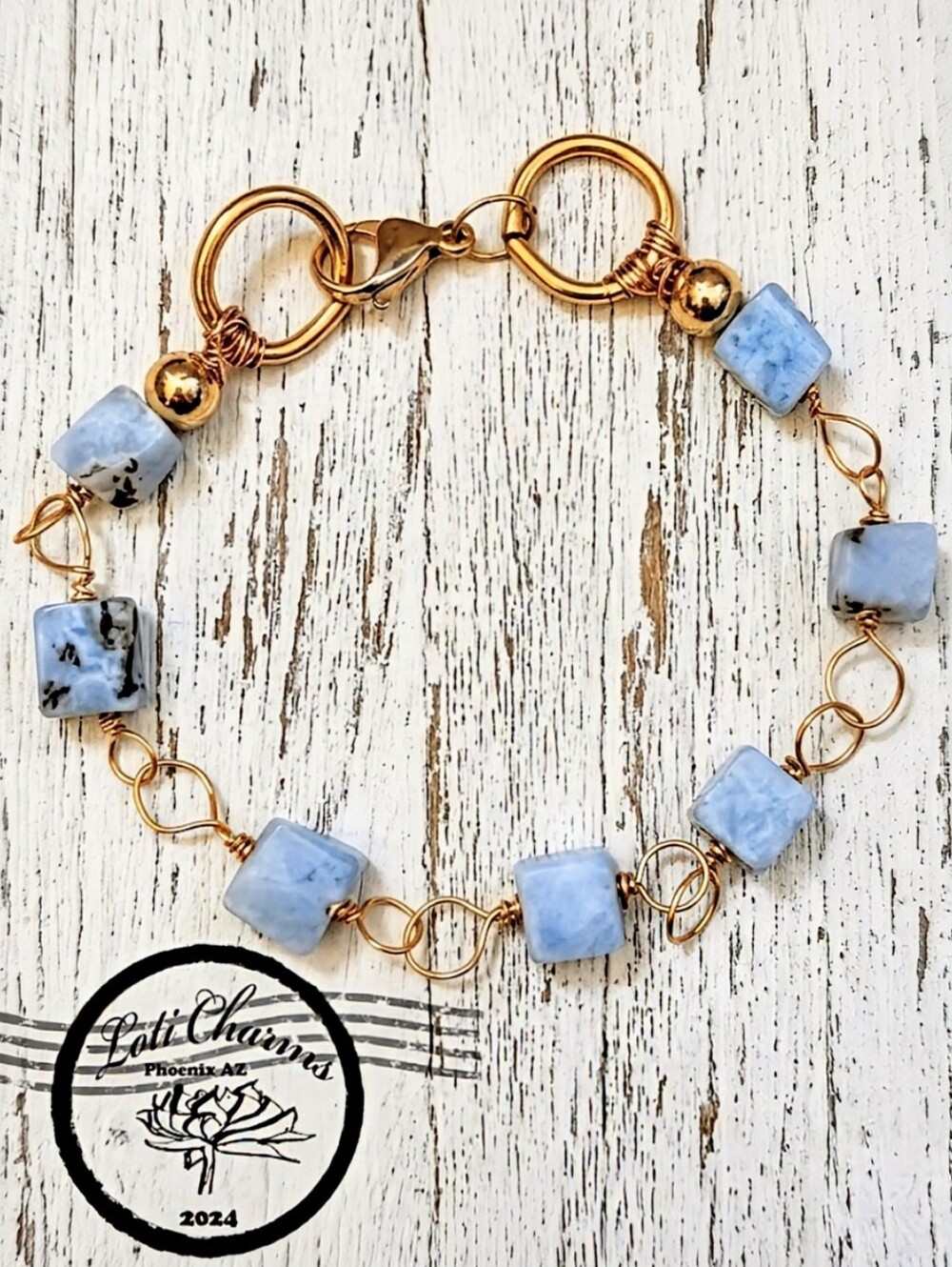 Nature's Sky Blue Larimar In Classic Bohemian Bracelet In Gold Plated